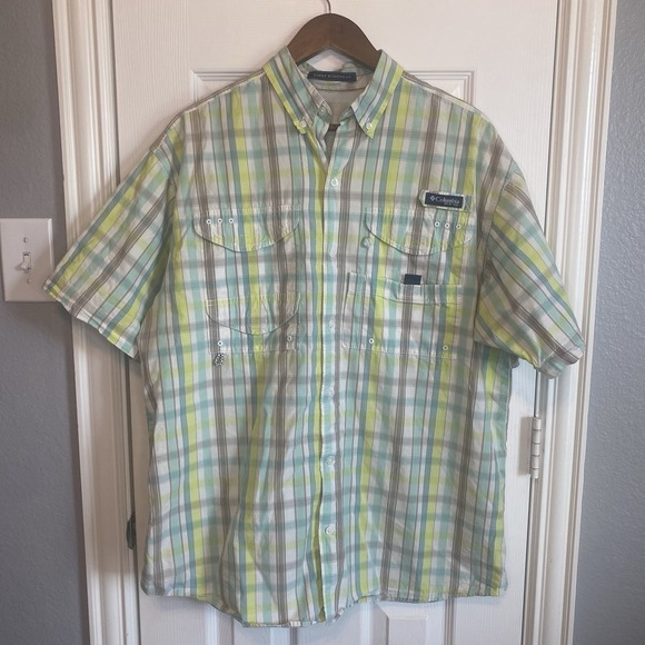 Columbia PFG Omni Shade Super Bonehead Shirt Green White Plaid Casual Men's L - Picture 1 of 3